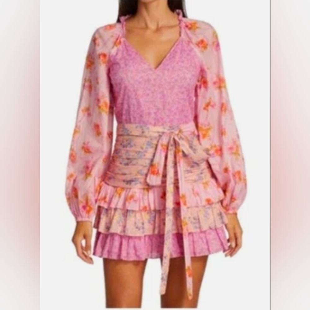 For Love Bell Mixed Floral Ruched Mini Dress Size Medium Pink Lavender Spring